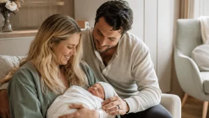 Happy intended parents holding their newborn baby after completing their surrogacy journey